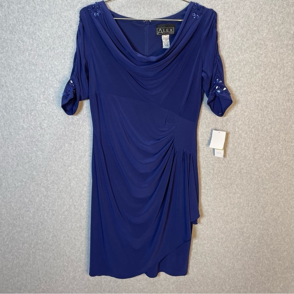 Alex Evenings Cowl Neck Blue Embellished Elegant Formal Draped Dress NWT